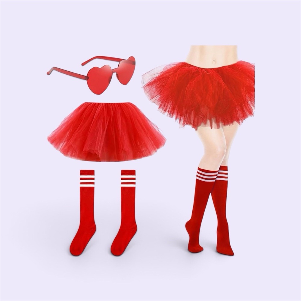 Adult Tutus 5 Layered Tulle Tutu Skirt Set with Heart Sunglasses & Socks Red